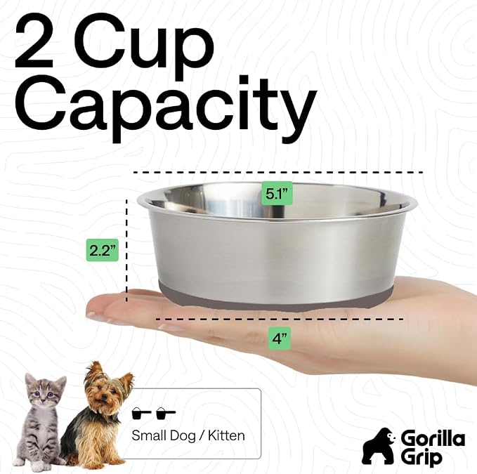 GORILLA GRIP Dog Bowls, Food Grade 304 Stainless Steel, Holds 2 Cups Each Food - Image 4