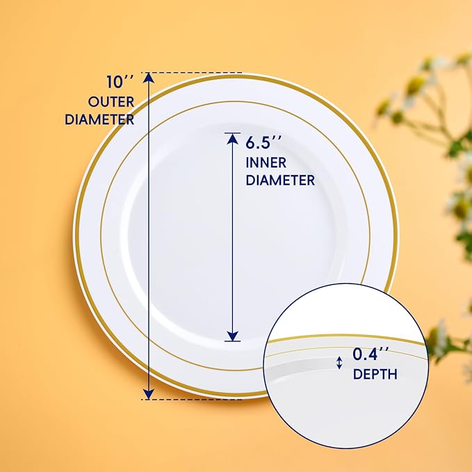 100 Pieces Gold Plastic Plates, 10 Inch Elegant Disposable Dinner White - Image 2