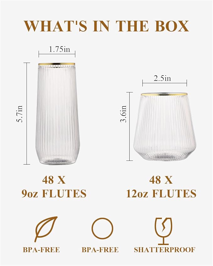 BESTSTAR 96 Pack Gold Rim Plastic Ribbed Origami Ripple Plastic Glasses Set | - Image 3