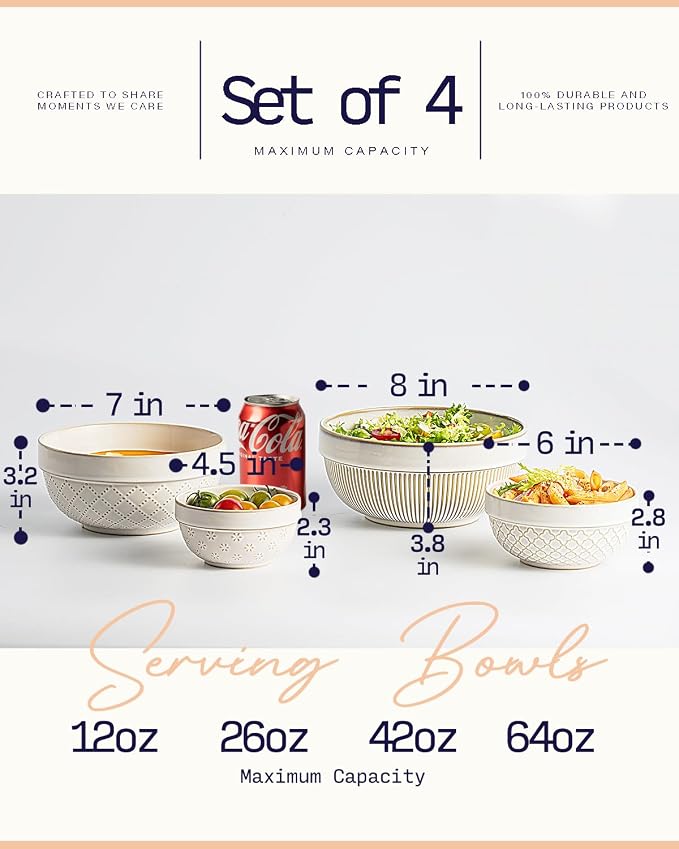 getstar Large Serving Bowls Set of 4, 12/26/42/64 oz Ceramic Stoneware Nesting - Image 3