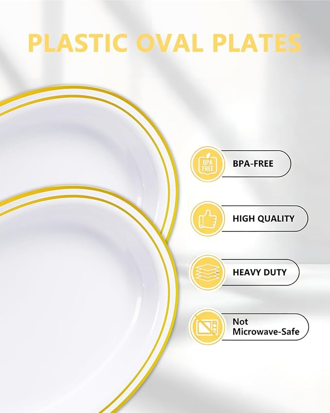 YOUBET 24PCS Gold Oval Plastic Plates - Image 3