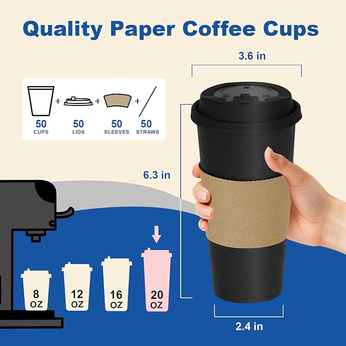 20 oz 50 Pack Coffee Cups with Lids and Sleeves, Hot Disposable To Go Travel - Image 3