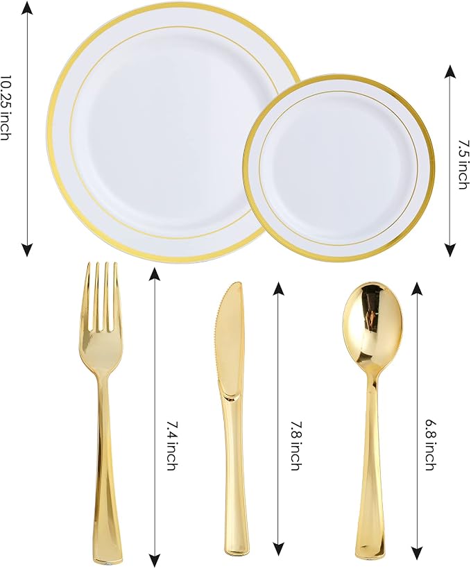 25 Guests Plastic Plates Set Gold Disposable Dinnerware Set | Include 25 Pc 10" - Image 2