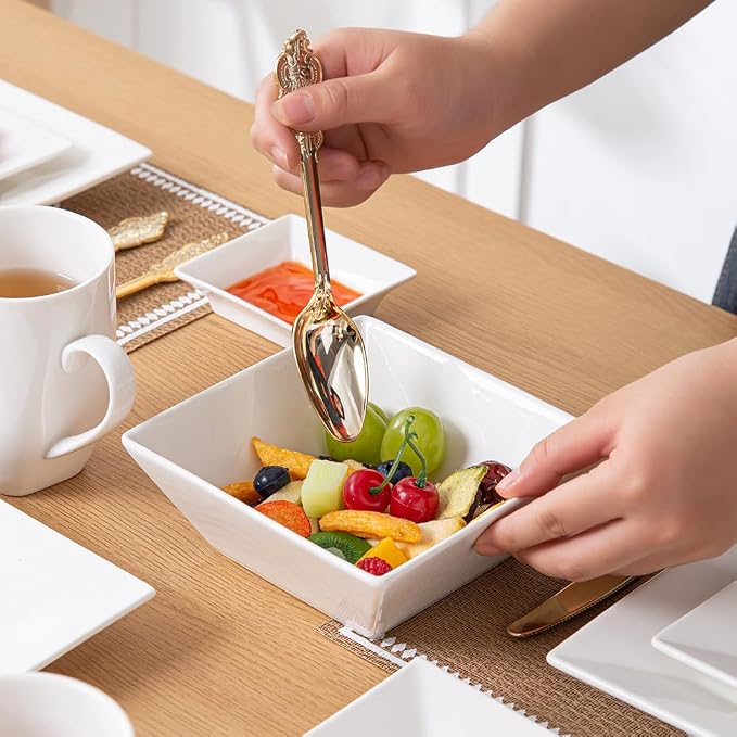 Off-White Porcelain Dinnerware Set, Square Dishes Set - Image 8
