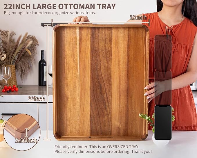 Large Wooden Ottoman Tray, Great 22"x18" Rectangle Trays - Image 9