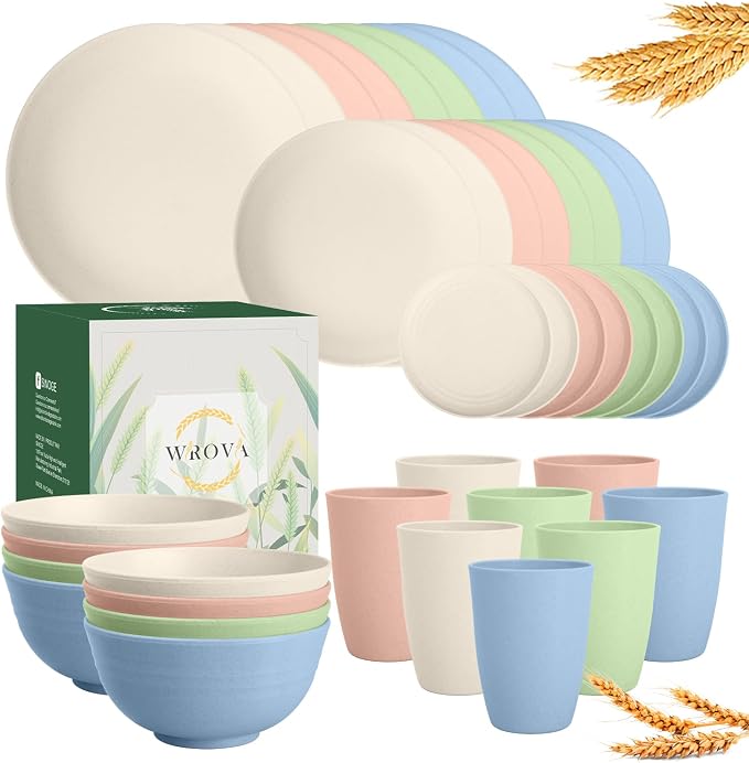 Wheat Straw Dinnerware Sets 40PCS, Unbreakable Plates and Bowls Sets Service by WROVA