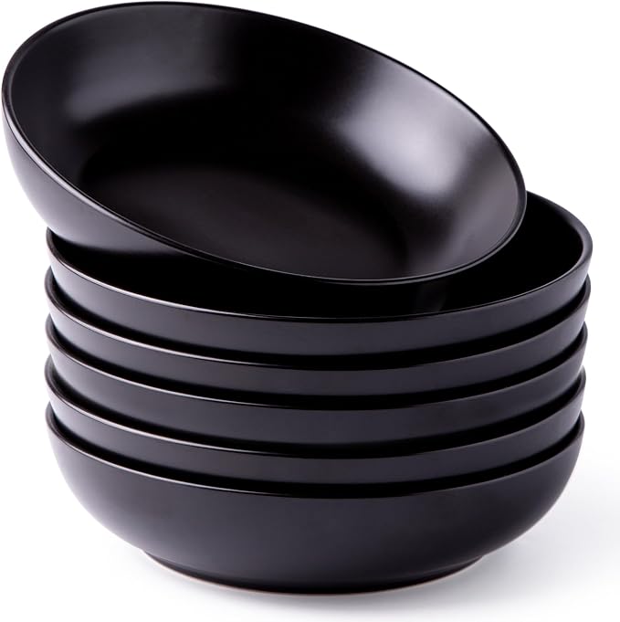 AmorArc 8.5 Inch Stoneware Pasta Bowls of 6, 32oz Large Bowls Set | Matte Black by AmorArc