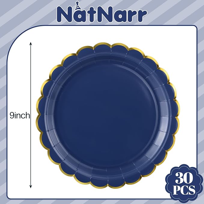NatNarr 30 Pk Navy Blue Paper Plates 9" Scalloped Blue Gold Party Plates | Cute - Image 2