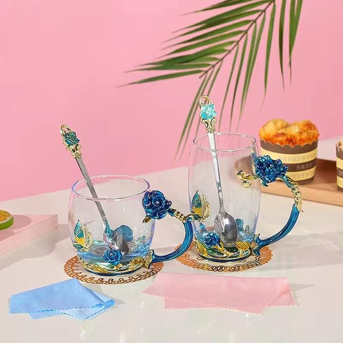 Birthday Gifts For Women, Butterfly Flower Glass Tea Cup Sky Blue Rose Coffee - Image 7