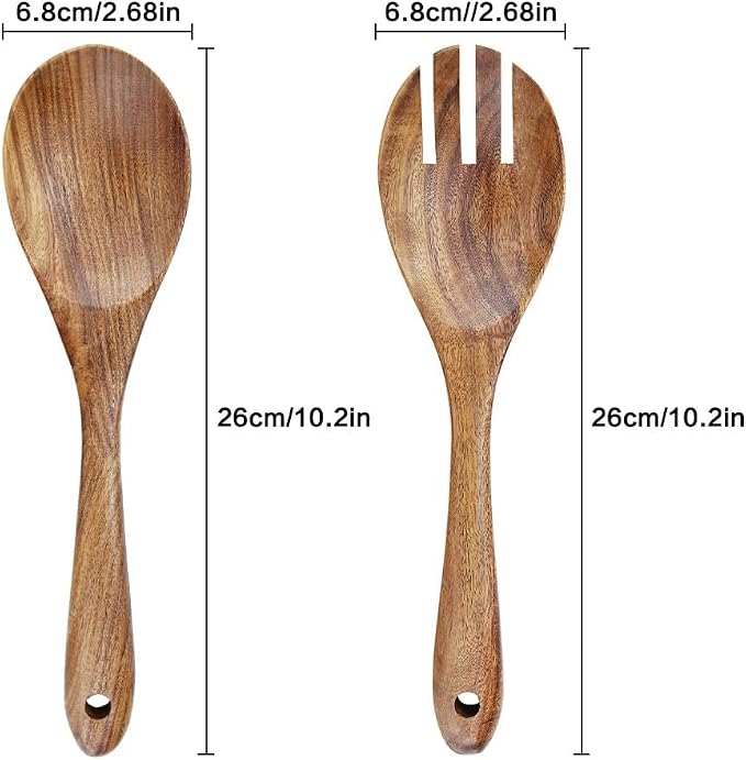 Wooden Salad Servers, 10.2" Acacia Wood Salad Fork & Spoon - Image 3