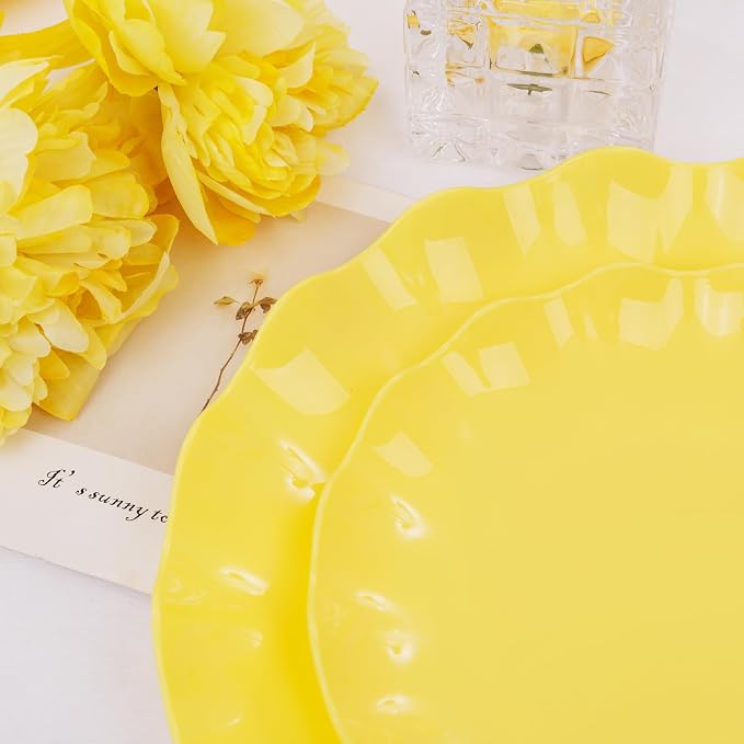 LIYH 24Pcs Yellow Plastic Plates Reusable, Dinner And Salad Set - Image 3