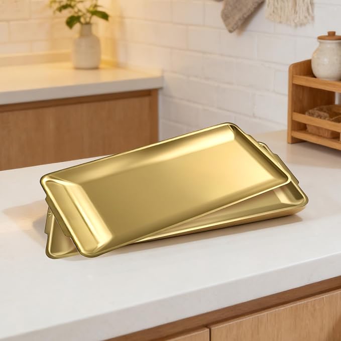 2Pcs 304 Stainless Steel Food Serving Trays, 12.6" Rectangular Gold Platters - Image 6
