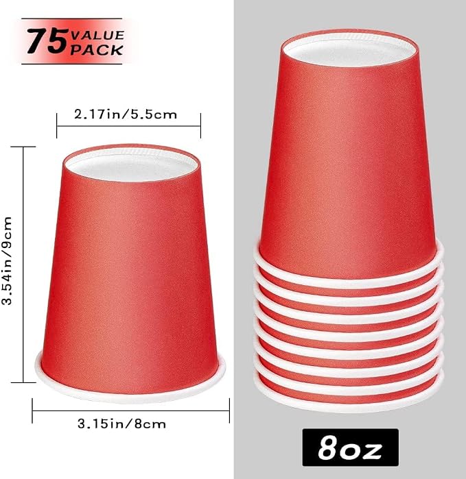 75 Pack 8 oz Disposable Paper Cups, Paper Coffee Cups-Red | Beverage Cups - Image 2