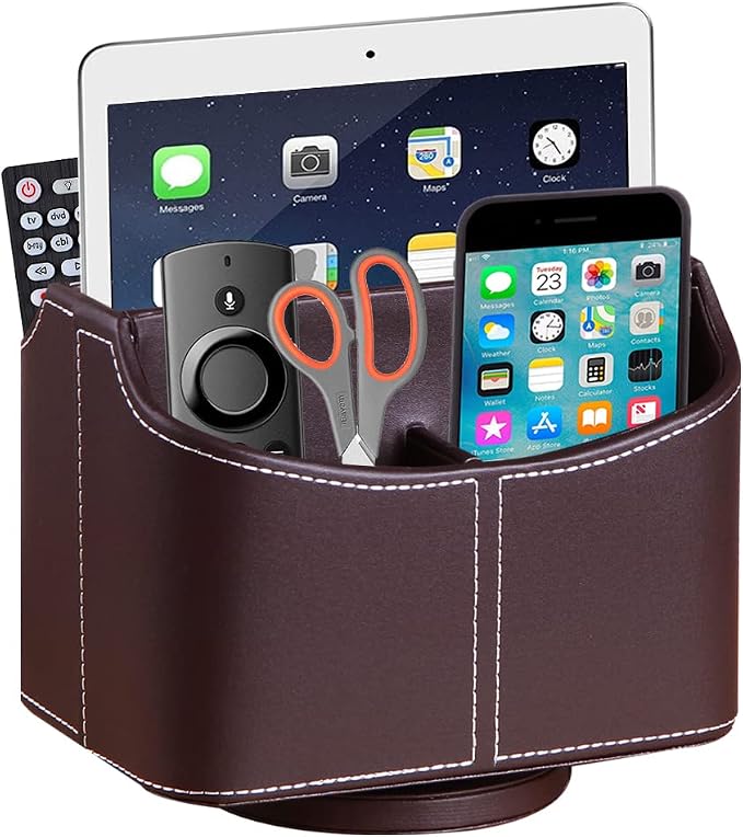 PU Leather Remote Control Holder, 360 Degree Spinning Desk TV Remote Caddy by Arniche