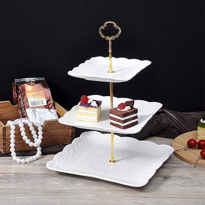 Sumerflos 3 Tier Porcelain Cupcake Stand, Tiered Serving Cake Stand, Square - Image 7