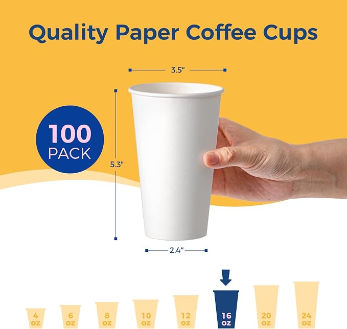 Fit Meal Prep 100 Pack 16 oz Disposable Paper Coffee Cups, Premium Hot Cups - Image 2