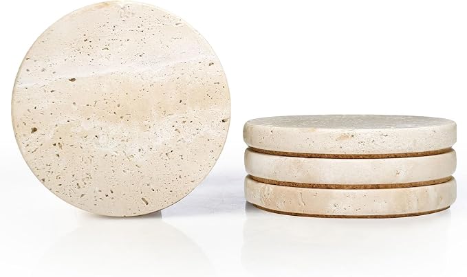 Turkish Natural Marble Coasters Set of 4, Round Travertine Coasters 4 inch by HAMAKAWA