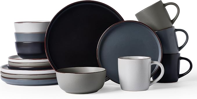Famiware Mercury 16-Piece Stoneware Plates and Bowls, Warm Hand-Painted Rims by Famiware