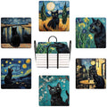 Drink Coasters for Drinks Set of 6, Art and Black Cat Absorbent Square Ceramic by Ansouyi