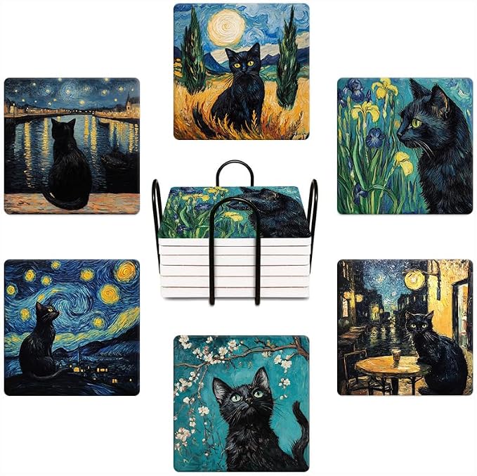 Drink Coasters for Drinks Set of 6, Art and Black Cat Absorbent Square Ceramic by Ansouyi