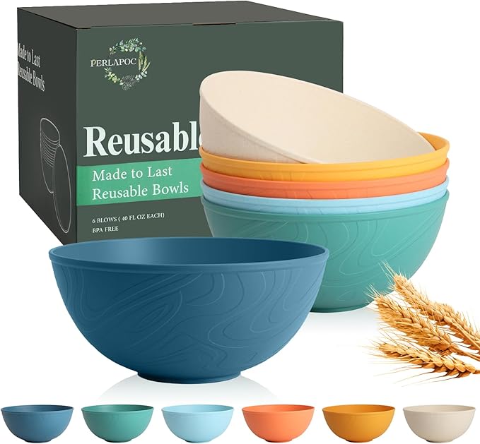 Unbreakable Large Cereal Bowls 40 OZ, Wheat Straw Bowls Set of 6, Alternative by Perlapoc