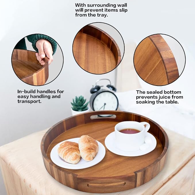 Round Wood Serving Trays Set of 2, Ottoman Tray Rustic Acacia Wooden Trays - Image 5