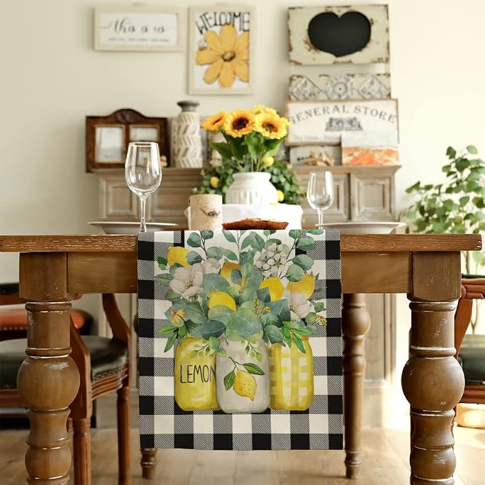 Black Buffalo Check Summer Table Runner 13 x 60 Inch, Lemon Vase Spring - Image 2