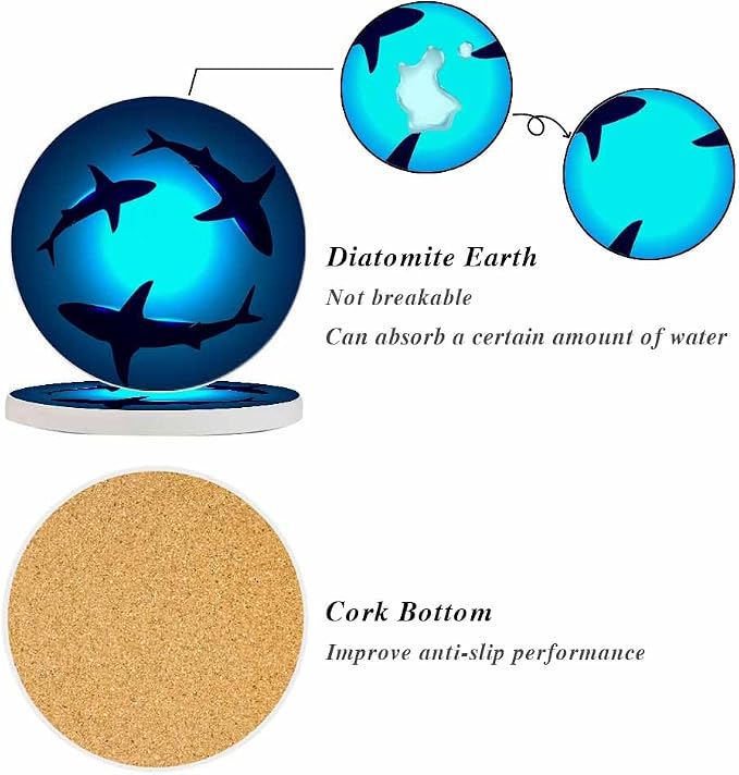 Floating Sharks Coasters Undersea Three Sharks Dancing in Circles Absorbent - Image 4