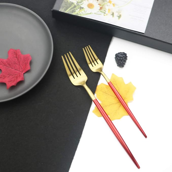 JASHII Luxury 18/10 Red Handle Flatware Gold Silverware Set 304 Stainless Steel - Image 8