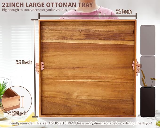 Extra Large Square Wood Tray, Generously 22" Acacia Serving Trays - Image 8