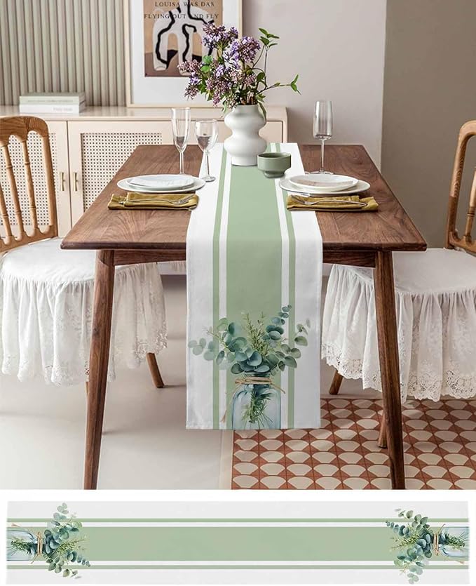 Sage Green Eucalyptus Leaves Table Runners 90 Inches Long, Farmhouse Stripe - Image 6
