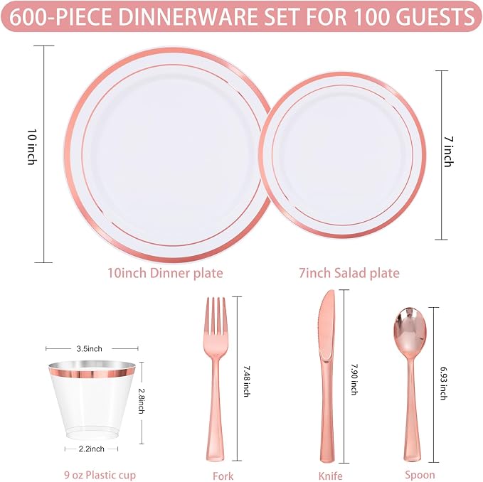 WELLIFE 600 PCS Rose Gold Disposable Dinnerware Set - Image 5