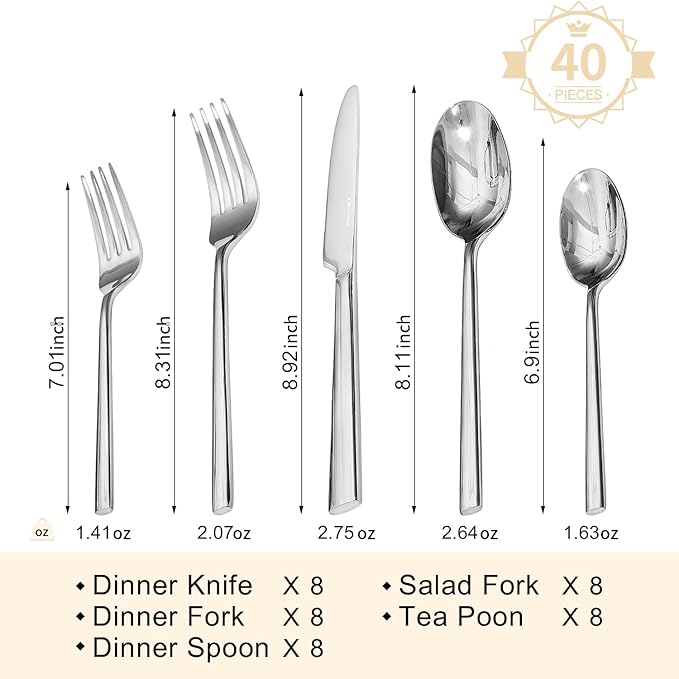 Silverware Set, 40-Piece Forged Flatware Cutlery Set Premium Stainless Steel - Image 2