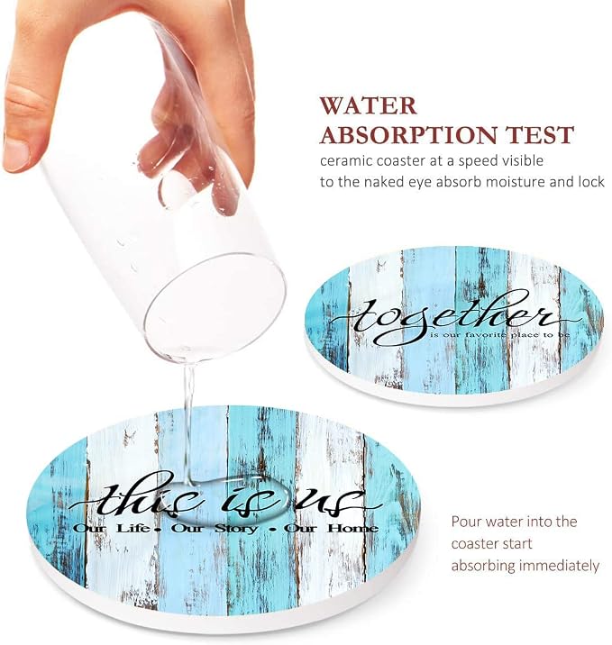 Coasters for Drinks, Ceramic Stone, Vintage Blue | White Wooden Old Absorbent - Image 3