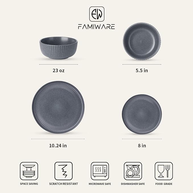 Famiware Ceramic Plates and Bowls Sets, Reactive Glaze Ribbed Dishes - Image 2