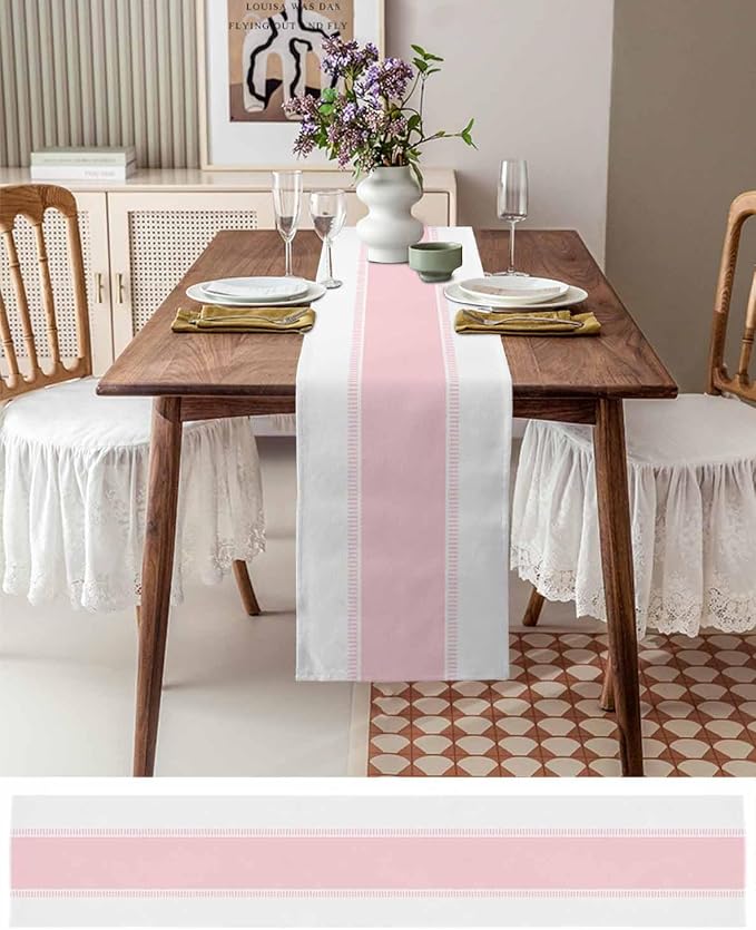 Pink Stripe Table Runners 108 inches Long, Linen Boho Table Runner Farmhouse - Image 3