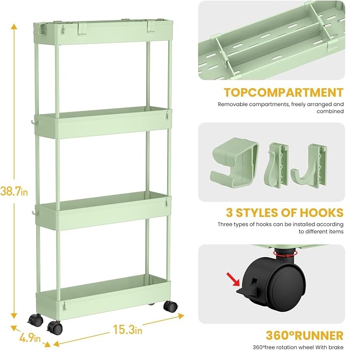 2-piece Set Slim Storage Cart 3 Tier, Bathroom Organizer Rolling Utility - Image 2