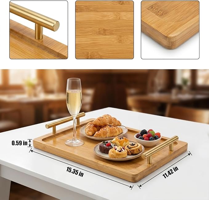 PEKER Wooden Serving Tray with Metal Handles, Ottoman & Home Décor, Wooden Food - Image 2