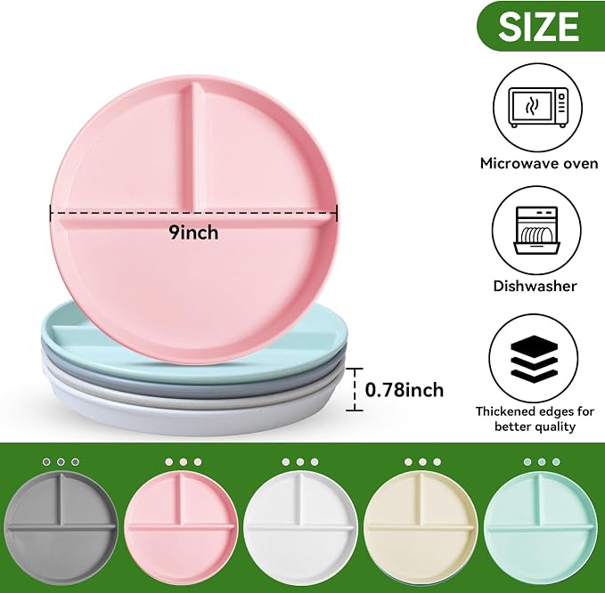 Unbreakable Divided Plates for Kids Adults 9 Inch 5Pcs，Round Portion Control - Image 5