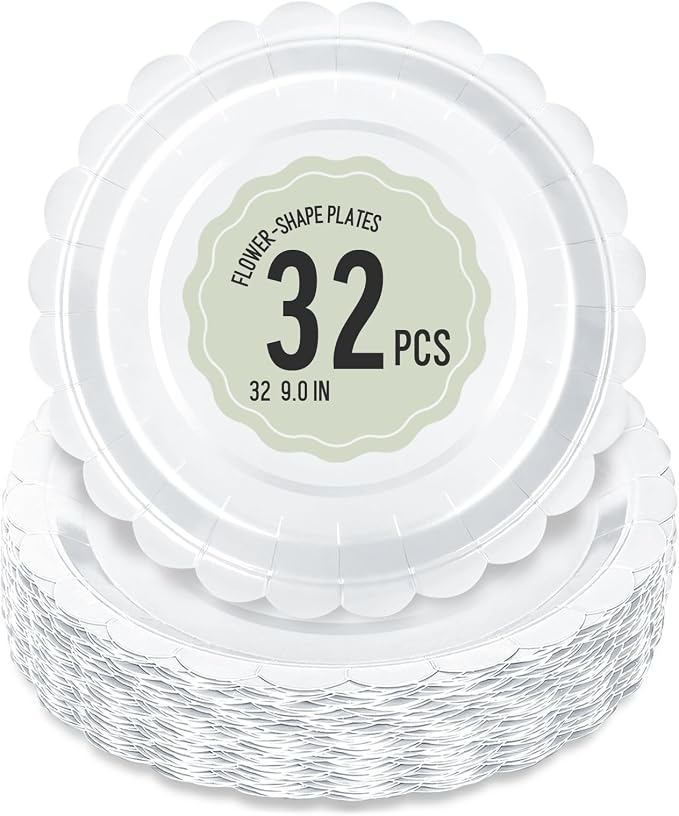 32 Pcs White Paper Plates 9 Inch Scalloped Dessert Plates by Polinook-TheAnswerToEveryClutteredSpace