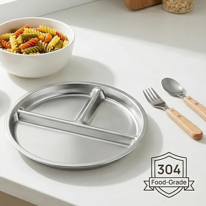 BEWBBAT 4 Pack 304 Stainless Steel Divided Plate, 8 Inch 3 Section Round - Image 6