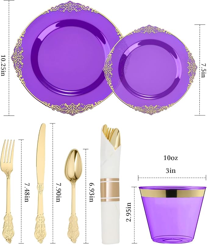 175 Piece Clear Purple Plastic Dinnerware Set - Image 3