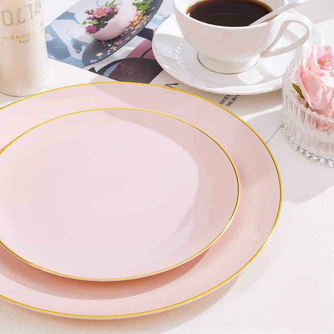 Nervure 100PCS Pink and Gold Plastic Plates, 10.25″ Disposable Dinner Plate | - Image 2