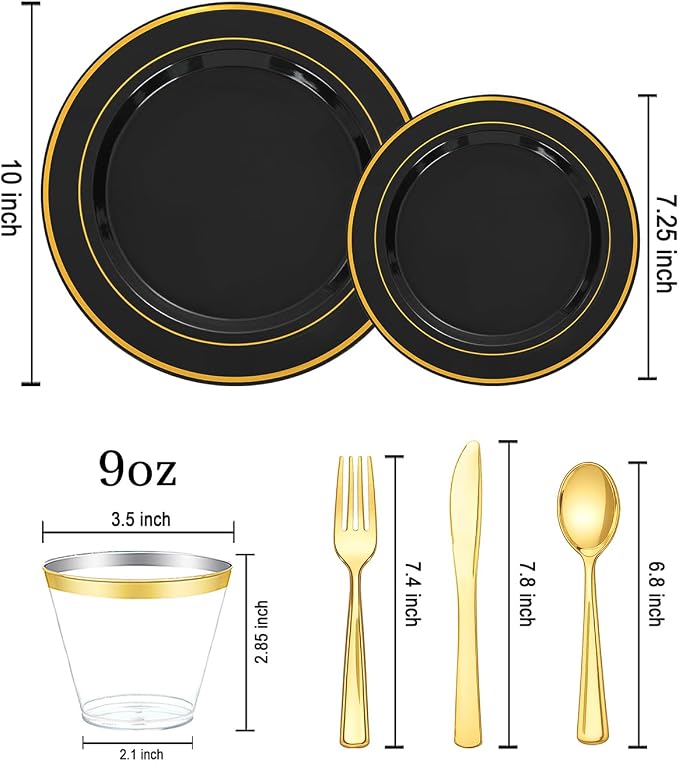 bUCLA 300PCS Black and Gold Disposable Dinnerware Set - Image 2