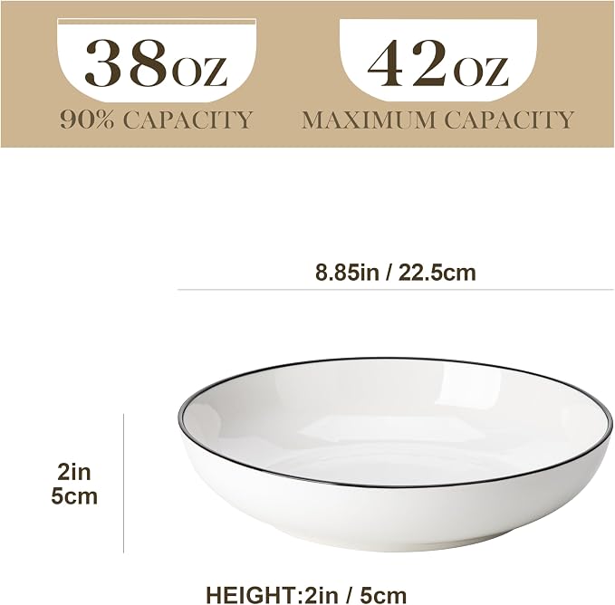 MALACASA 8.85" Large Pasta Bowls, 42 OZ White Salad Bowls Soup Bowls, Porcelain - Image 2