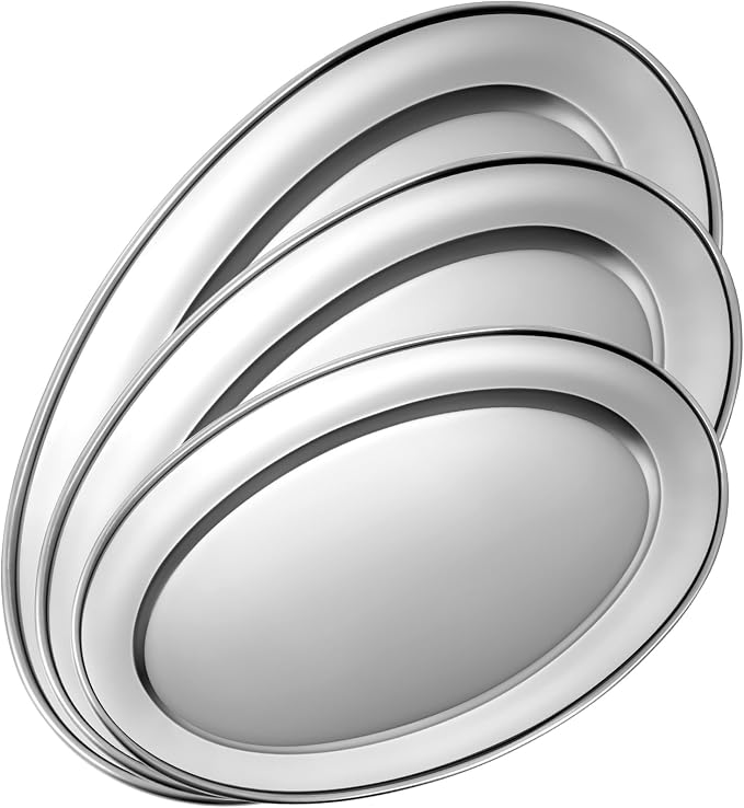 FoldTier 3 Pcs Stainless Steel Serving Tray Large Oval Platter Set, 11.8" 13.8" by FoldTier