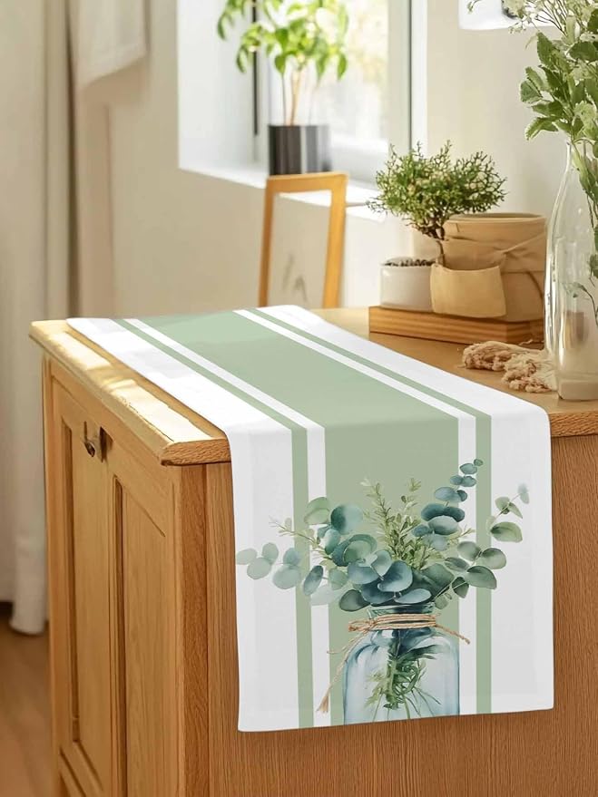 Sage Green Eucalyptus Leaves Table Runners 108 Inches Long, Farmhouse Stripe - Image 7