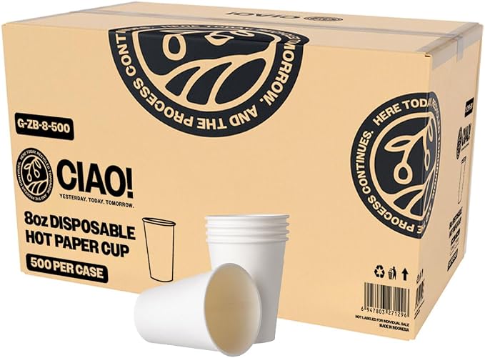 CIAO! 8oz White Paper Hot Cup, Disposable, 80mm Diameter 500 Count by Ciao