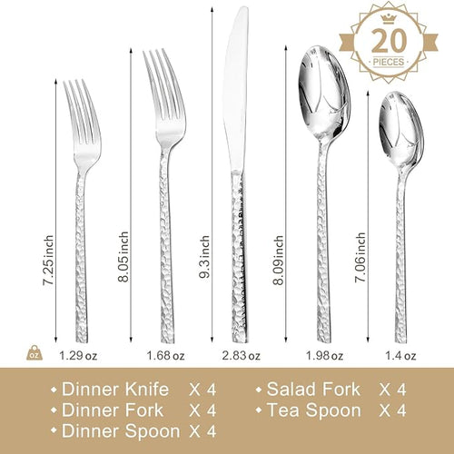 20 Piece Hammered Silverware Set, 18/10 Stainless Steel Flatware Set - Image 2