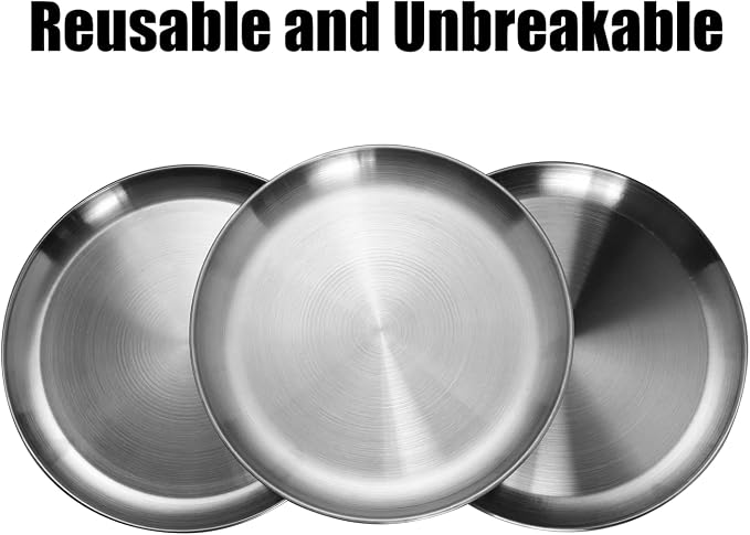 CAMBUY Stainless Steel Plates 9 inch 10 Pcs Metal Dinner Dishes Plate Set | - Image 9